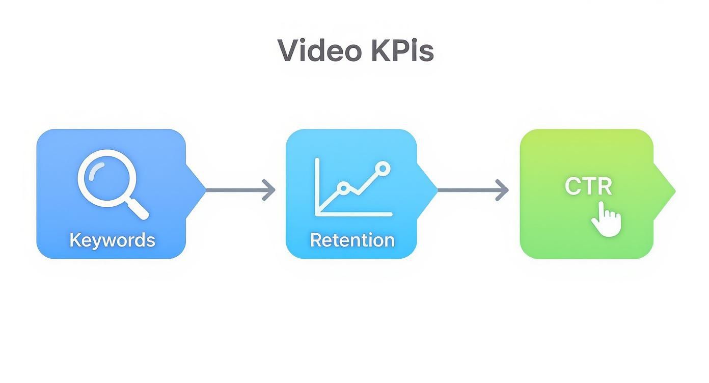 Flowchart illustrating video key performance indicators: keywords, retention, and click-through rate.