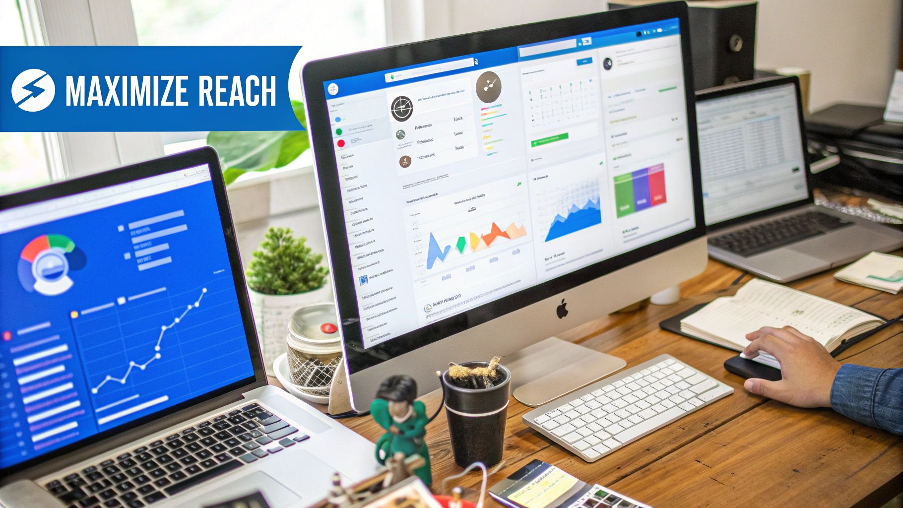 A social media manager's dashboard showing a content calendar and analytics for multiple platforms.