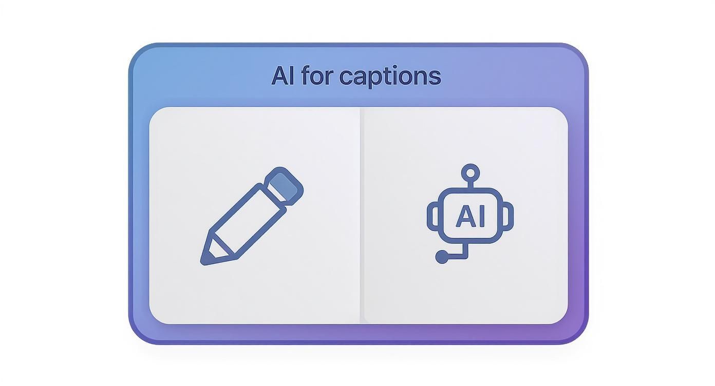 Infographic comparing manual versus AI-assisted caption writing, showing a pencil icon for manual and a robot icon for AI.