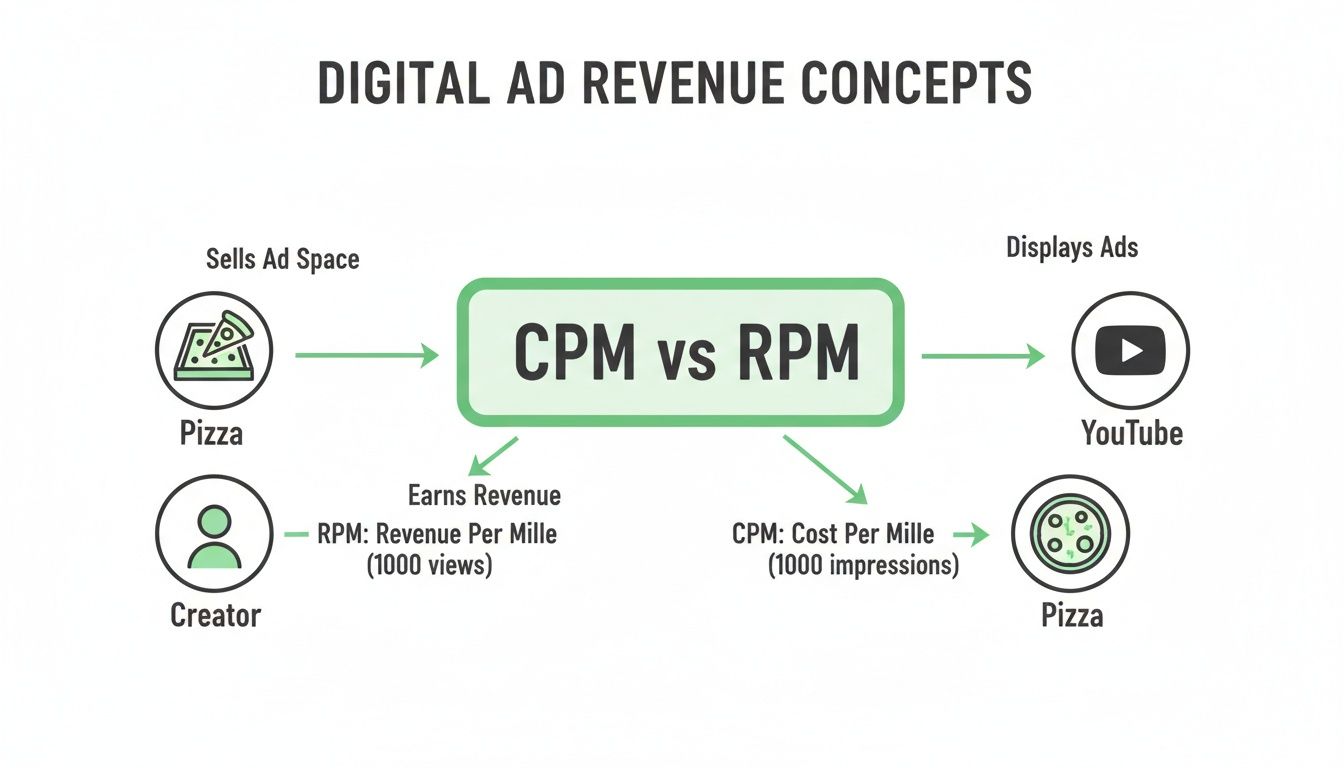 Diagram explaining digital ad revenue concepts, comparing CPM (Cost Per Mille) and RPM (Revenue Per Mille) metrics.