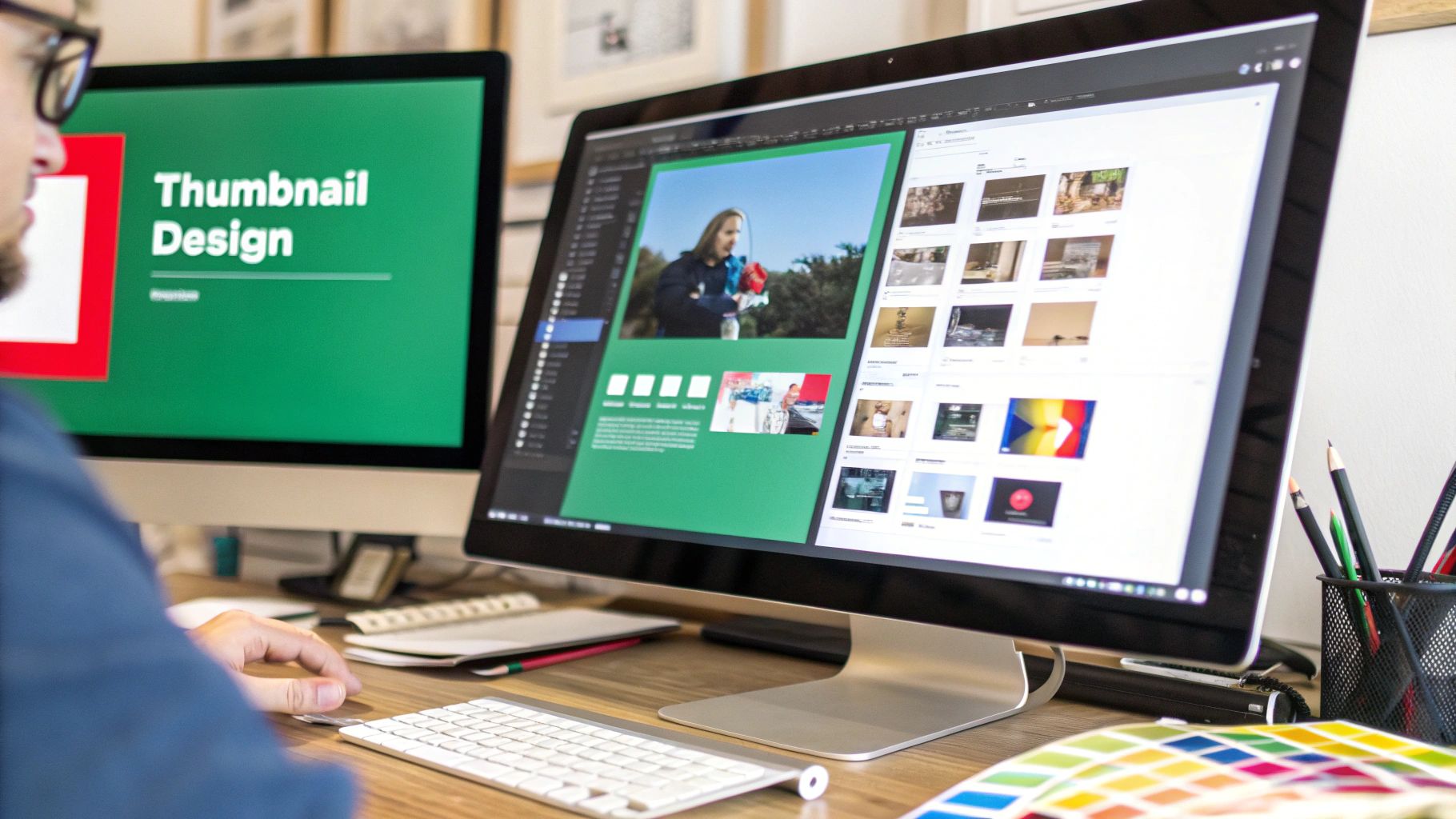 A person designing a high-contrast YouTube thumbnail on a computer.