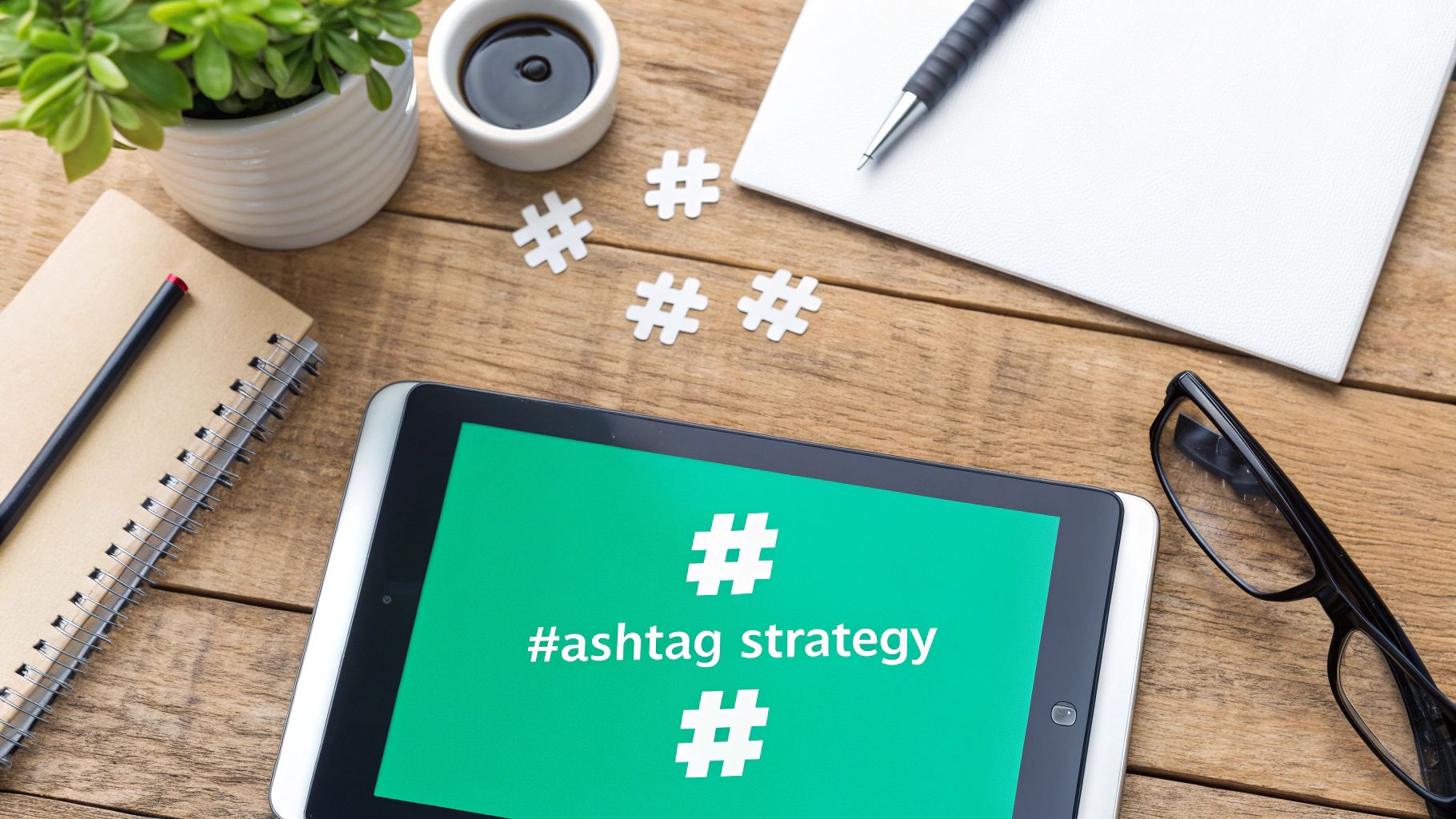Flat lay of a workspace with a tablet displaying '#hashtag strategy', a notebook, and coffee.