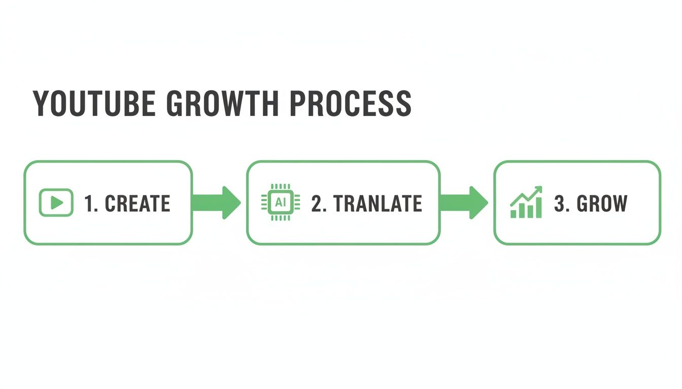 A visual diagram of the YouTube growth process showing steps: 1. Create, 2. Tranlate (with AI), 3. Grow.