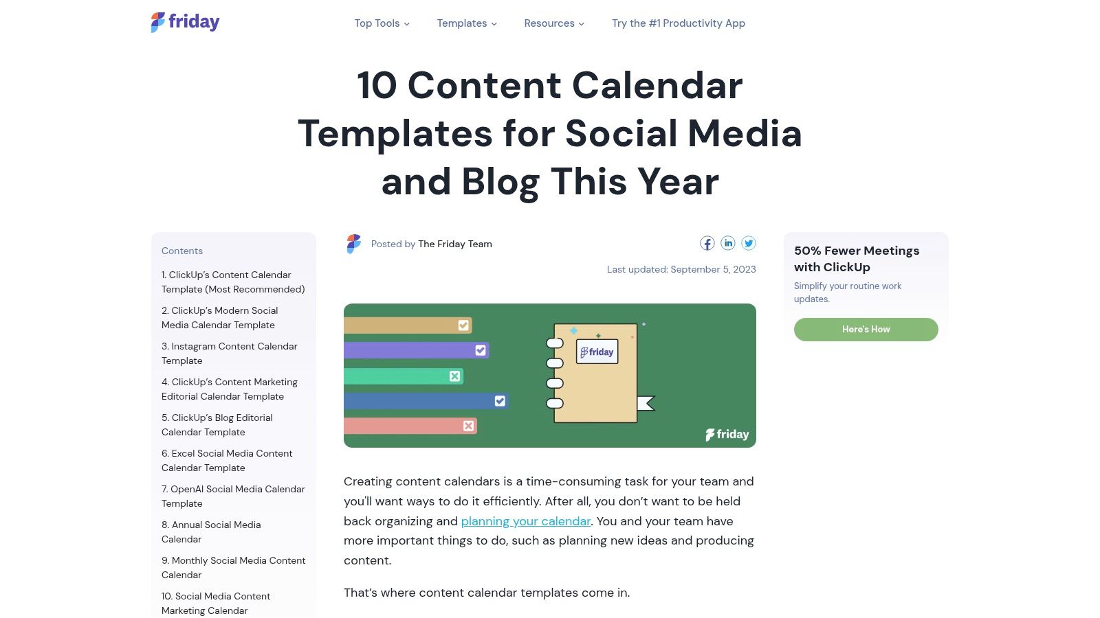 Friday.app content calendar template collection