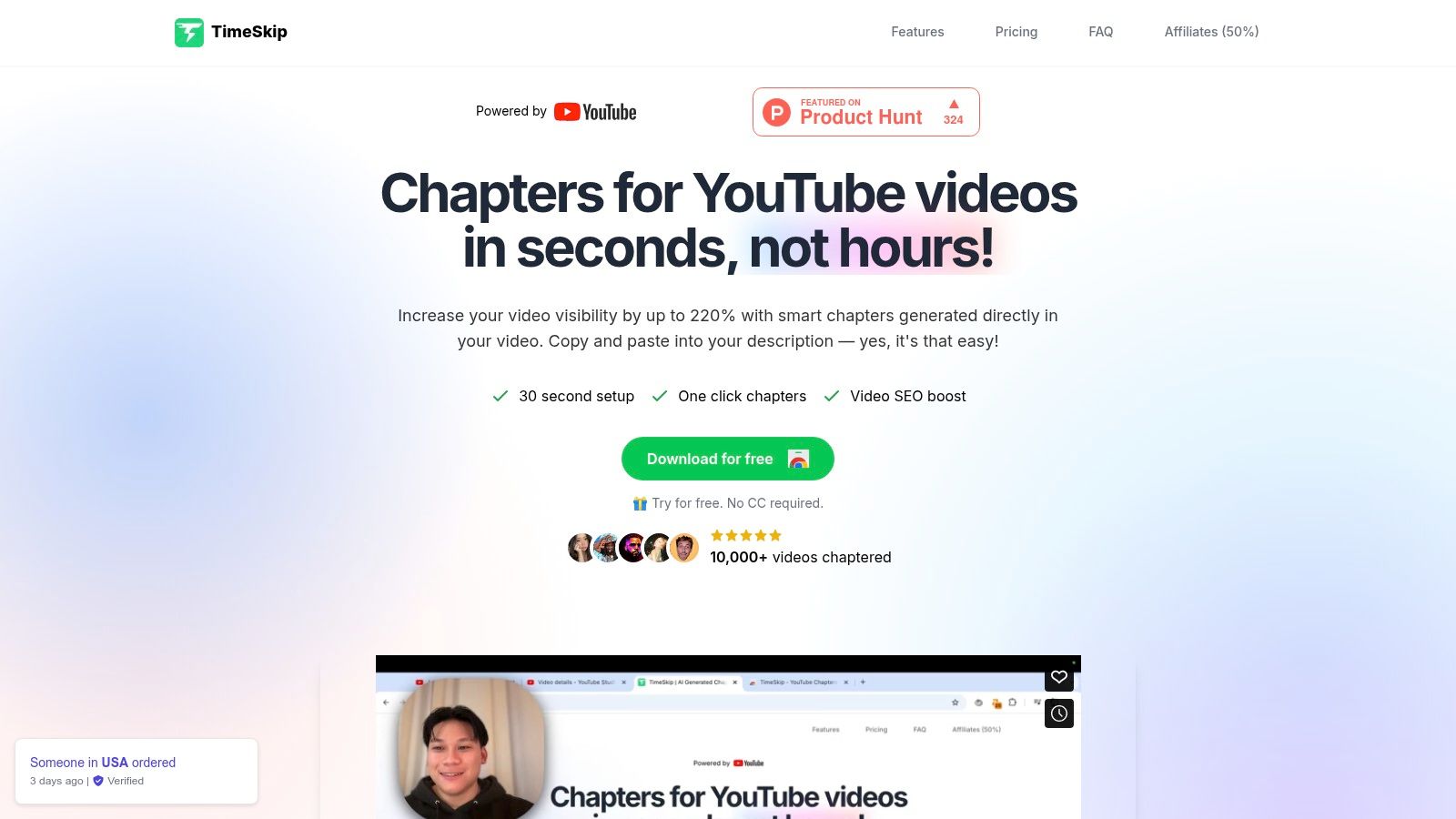 TimeSkip dashboard showing video chapter generation