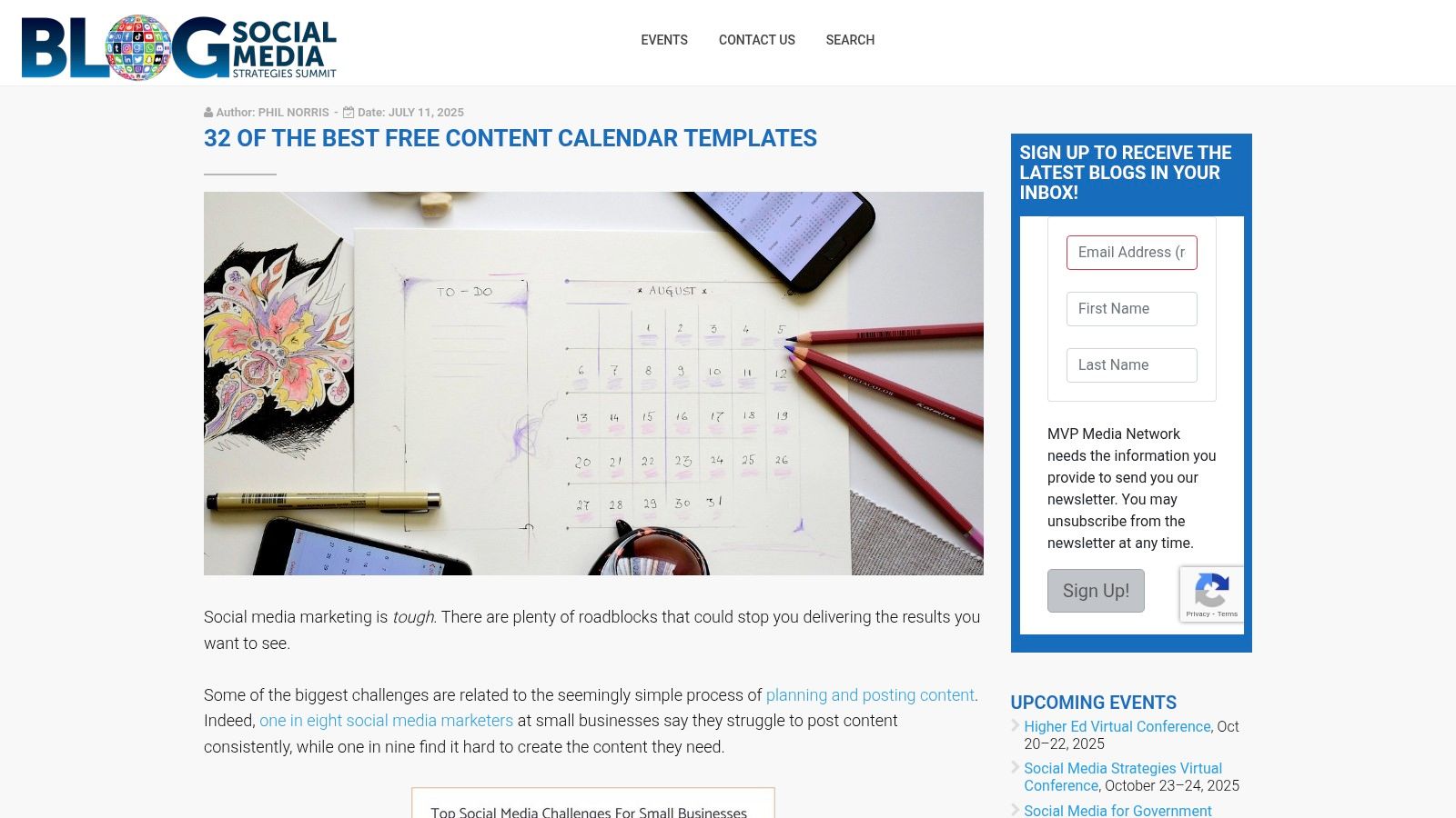 Social Media Strategies Summit Blog content calendar template list