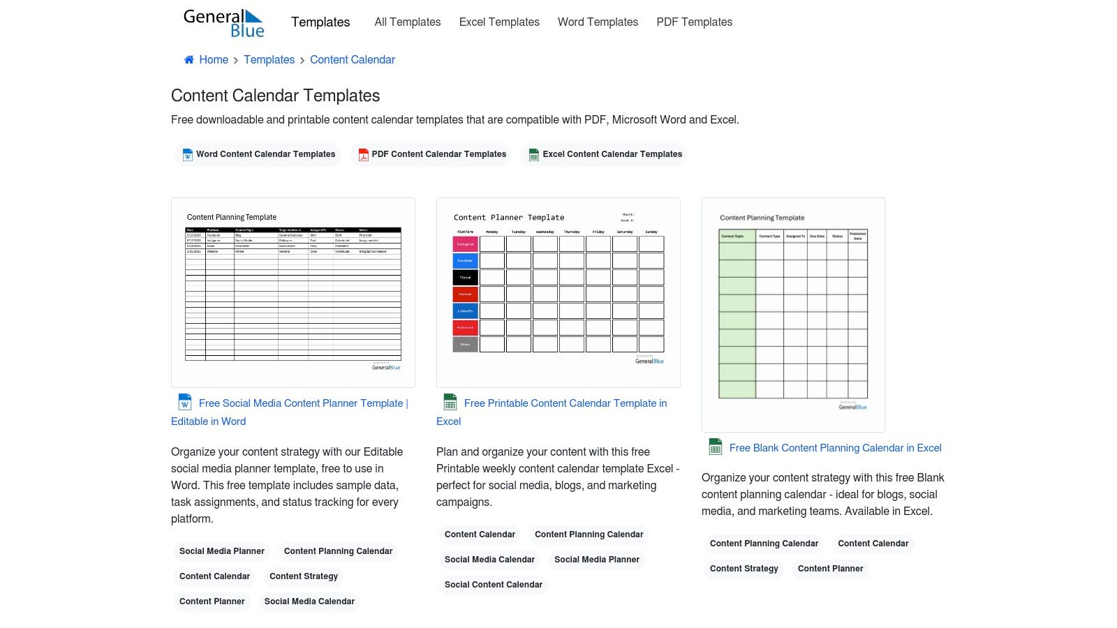 General Blue content calendar template