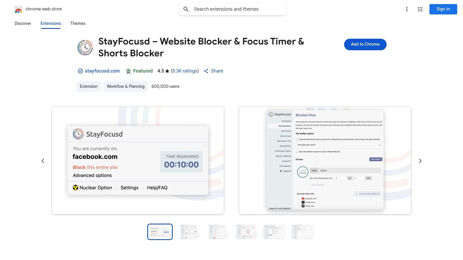 StayFocusd (Chrome Web Store listing)