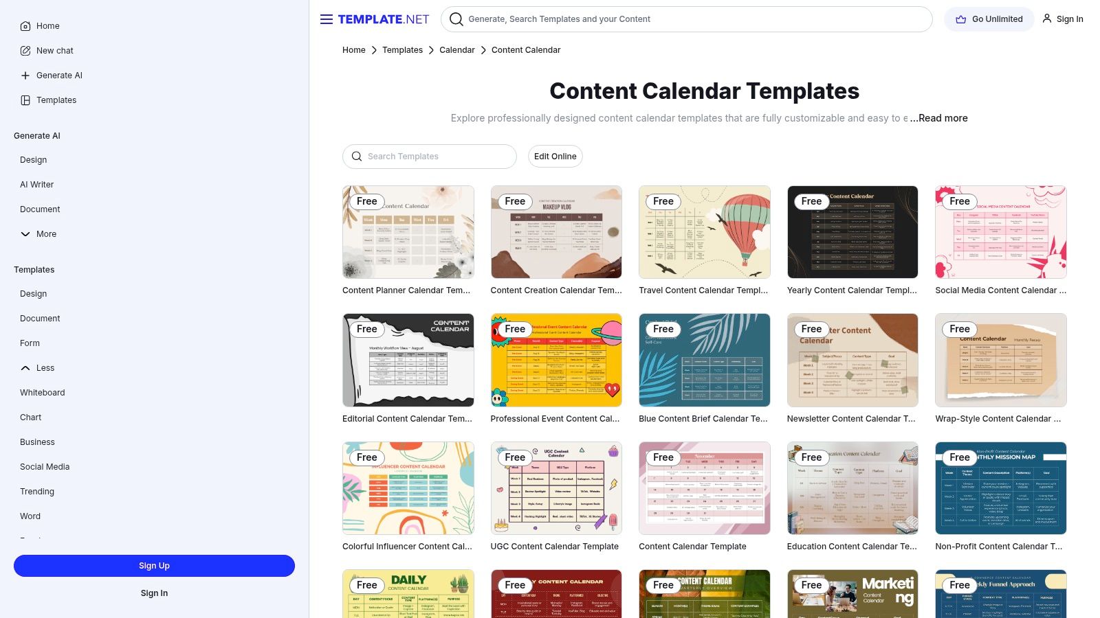 Template.net content calendar template examples