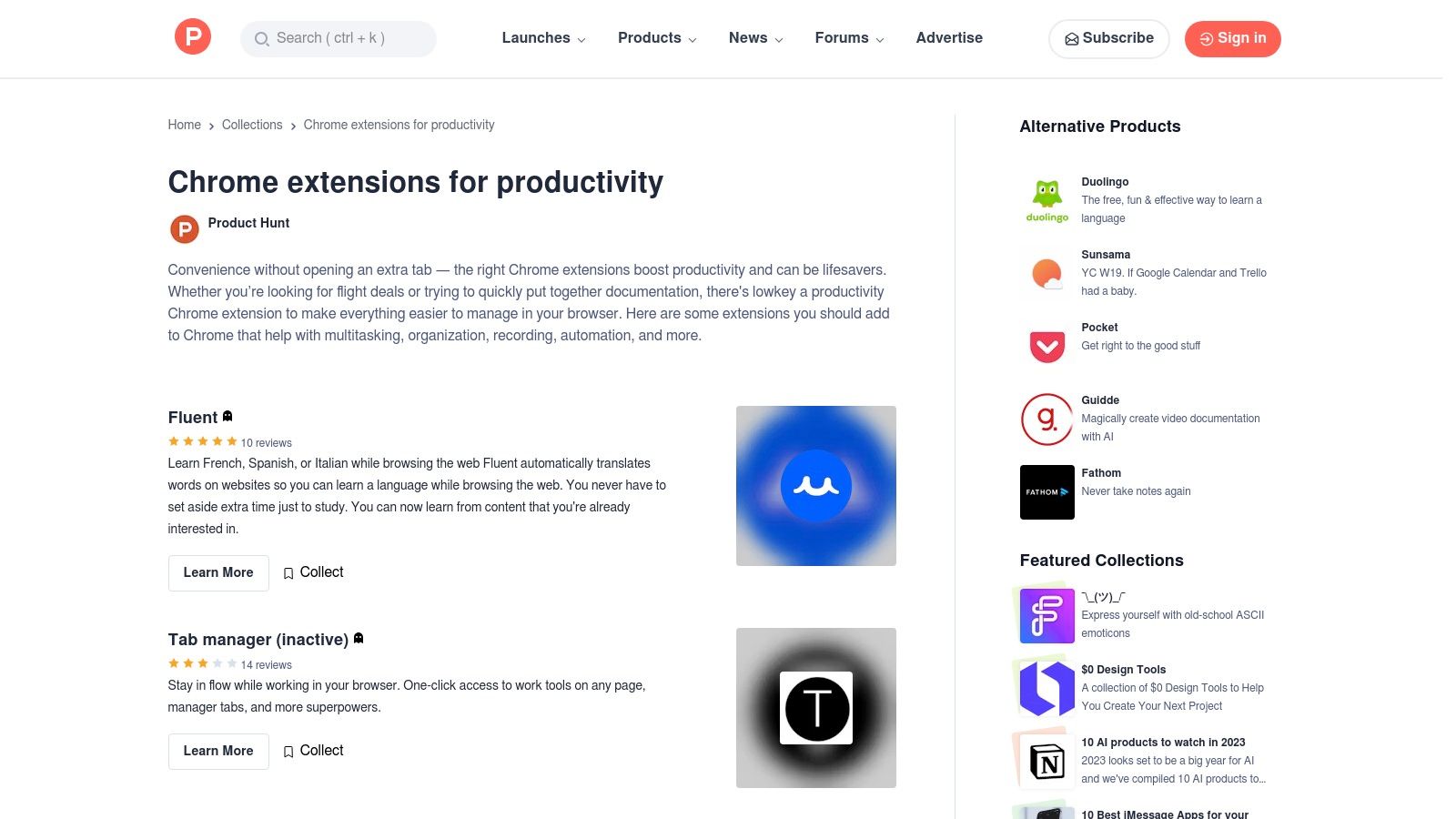 Product Hunt β Chrome Extensions for Productivity (Collection)
