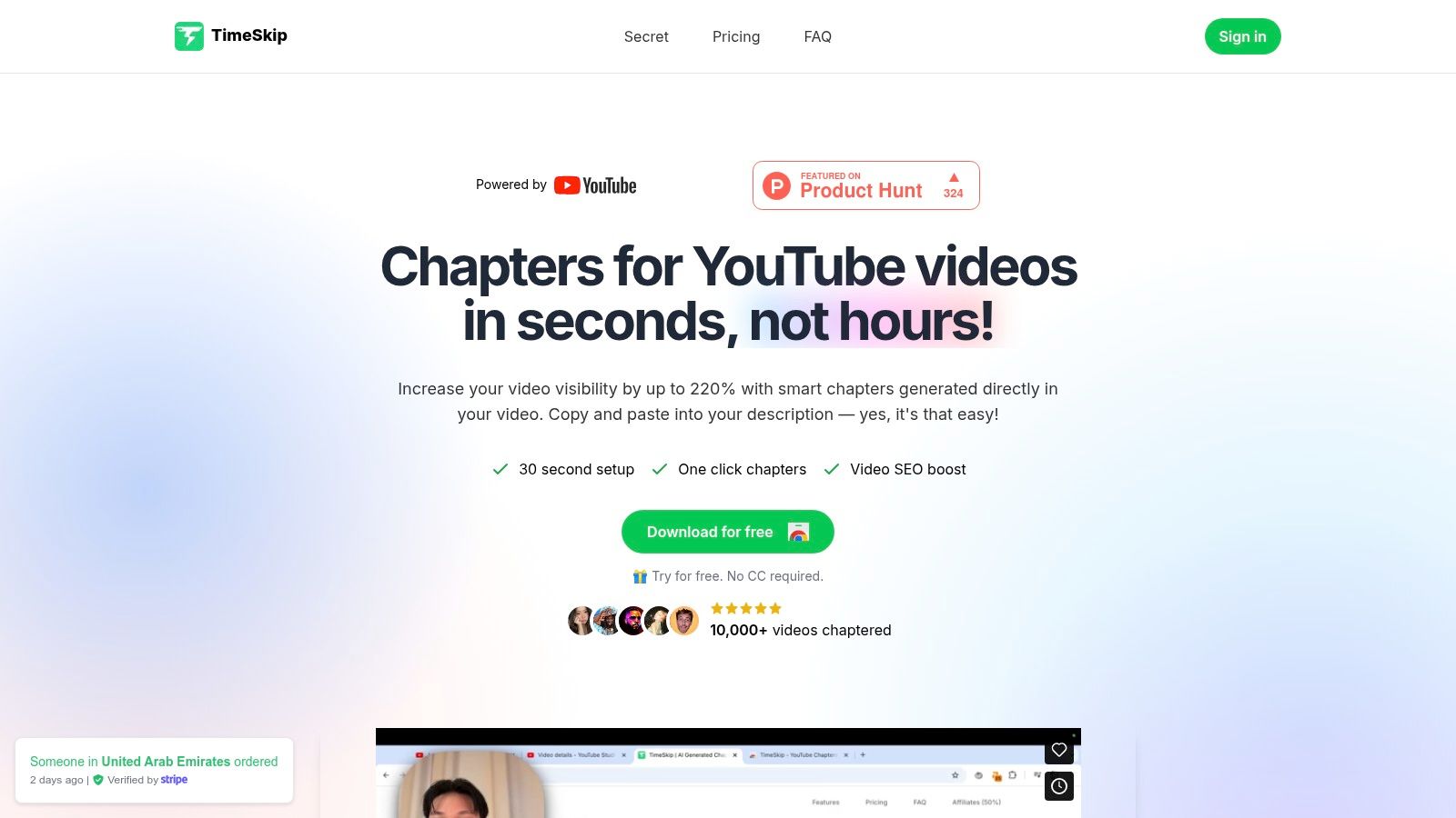 TimeSkip generating SEO-optimized YouTube chapters instantly