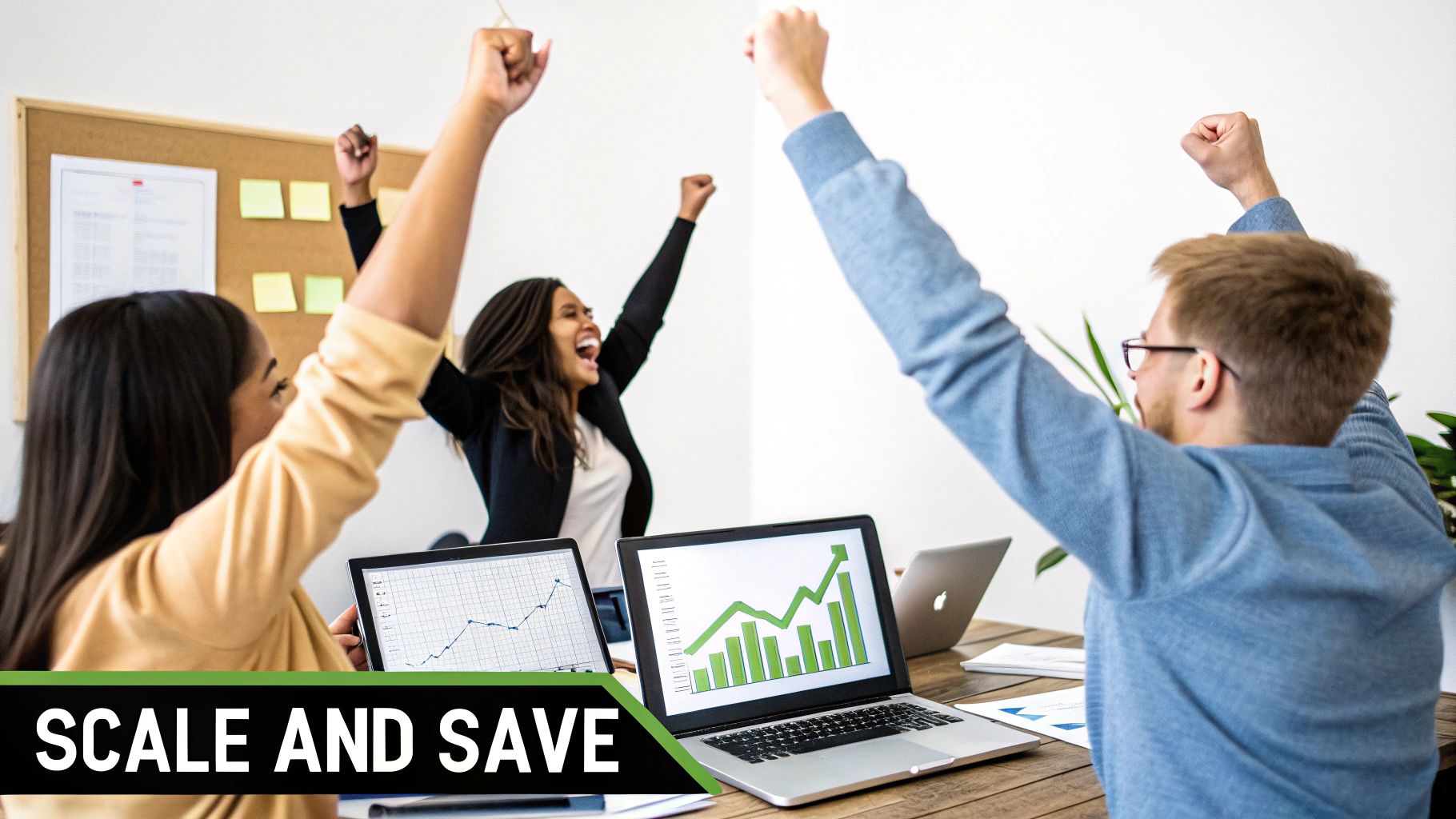 Excited diverse team celebrates financial growth in an office with laptops displaying charts.
