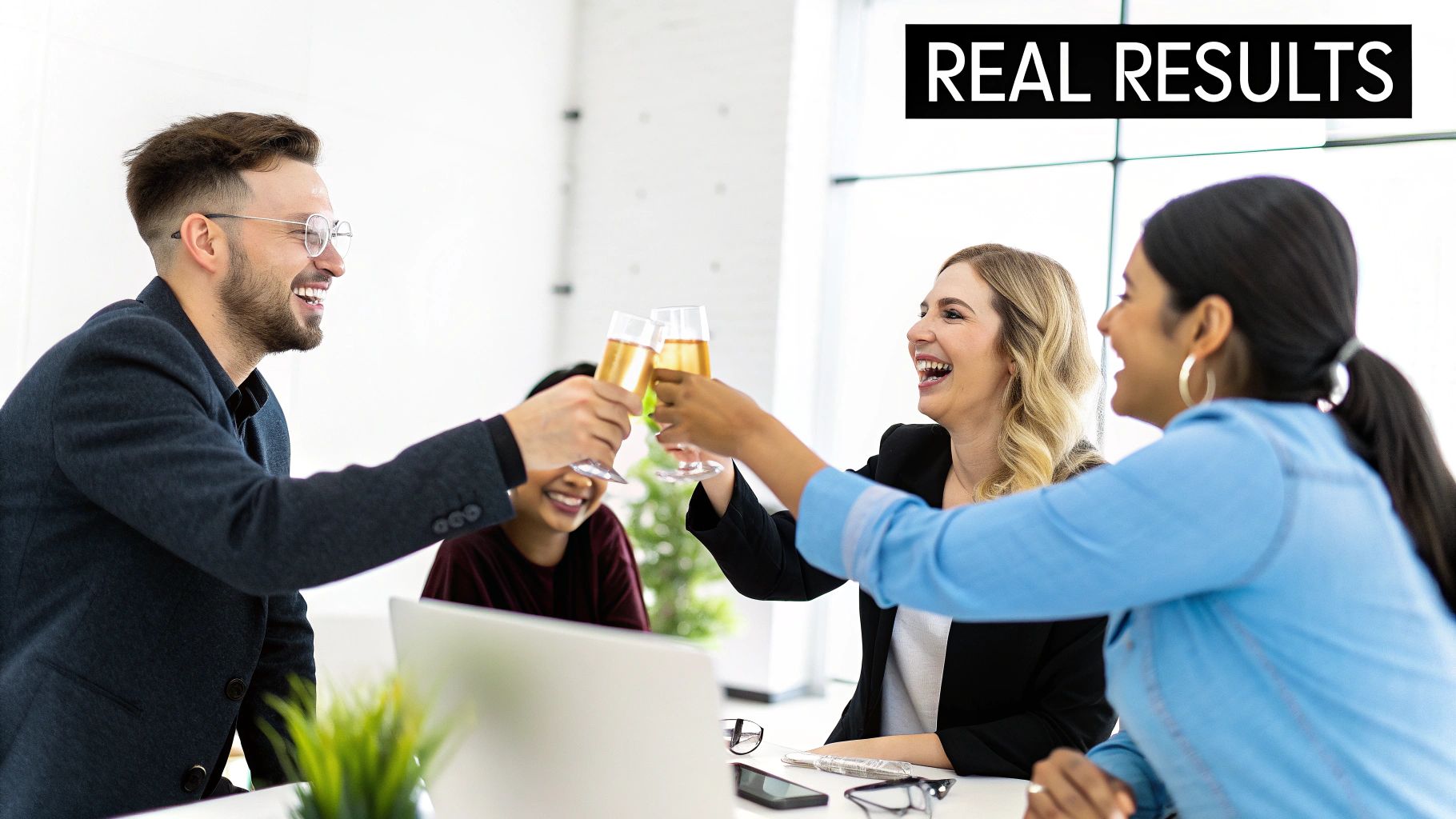 A diverse group of colleagues celebrates with champagne, smiling happily in an office.