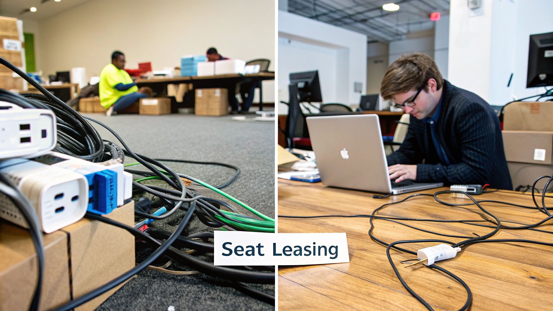 Close-up of power strips and tangled cables on a carpeted floor next to a person working on a laptop, with 'Seat Leasing' text.