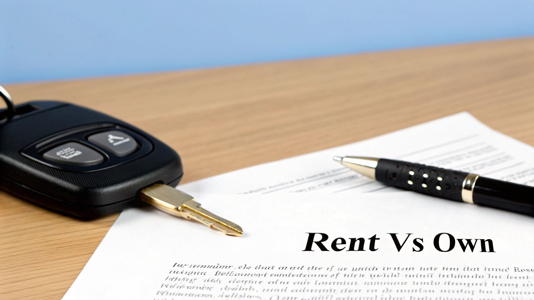 A car key, a pen, and a document with 'Rent Vs Own' text on a wooden desk.