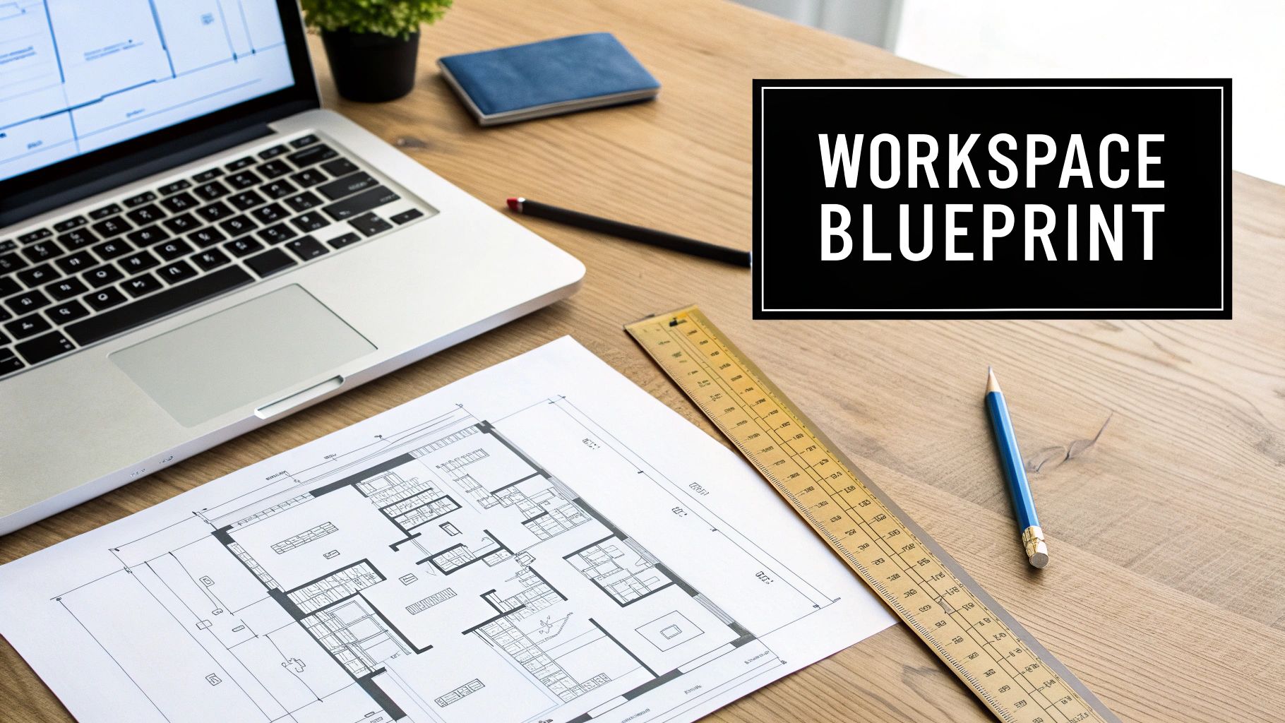An office desk with a laptop, architectural blueprint, ruler, pencil, and a text box 'WORKSPACE BLUEPRINT'.