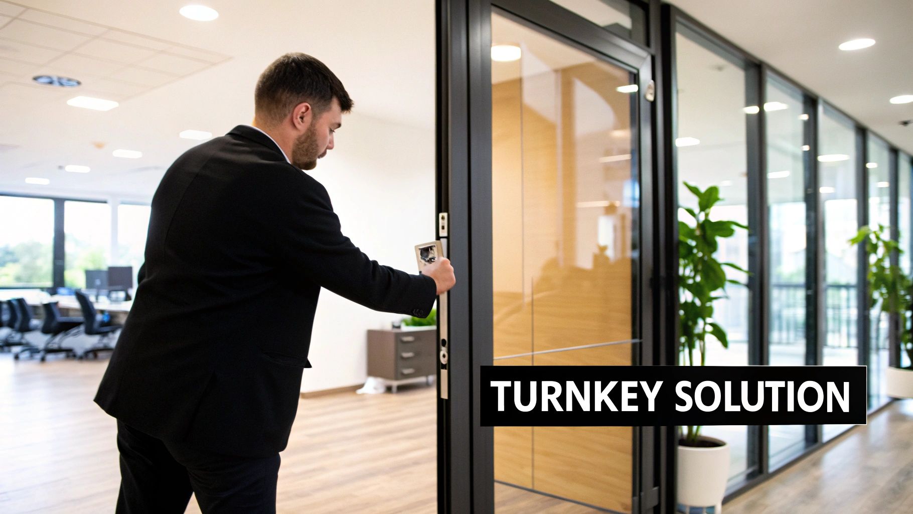 A man in a suit scans a device to open a glass office door with 'TURNKEY SOLUTION' text.