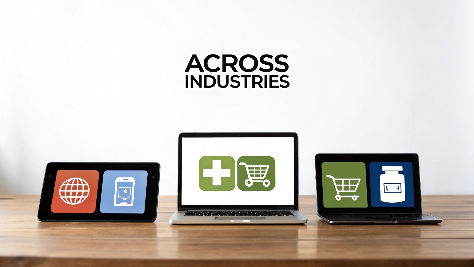 Digital devices displaying various service icons for web, mobile, shopping, and medicine, illustrating diverse industries.