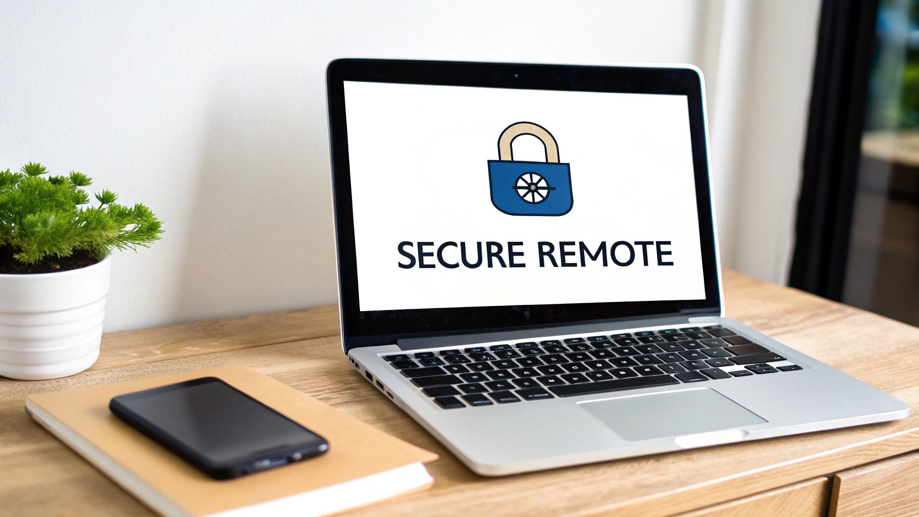 A laptop displaying a secure remote work message with a padlock icon on a wooden desk.