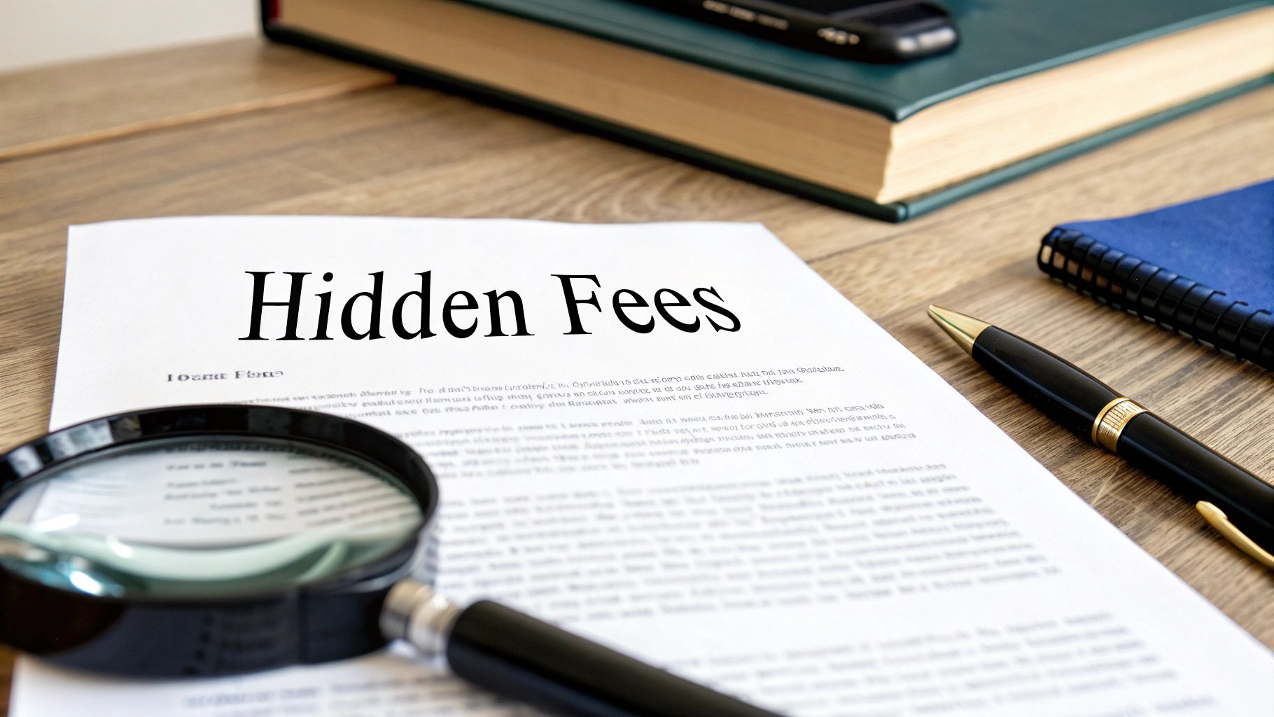 A document titled 'Hidden Fees' with a magnifying glass and pen on a wooden desk.