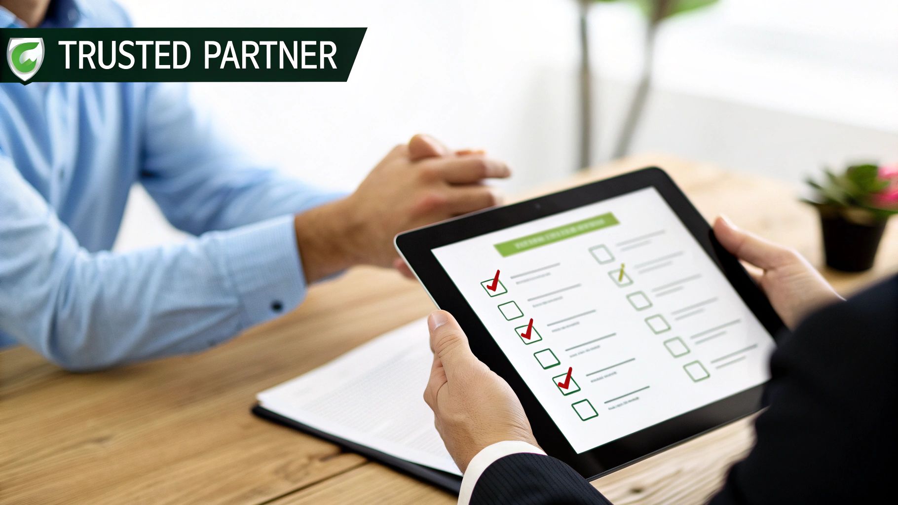 Two business people reviewing data on a tablet with a checklist, signifying a trusted partnership.