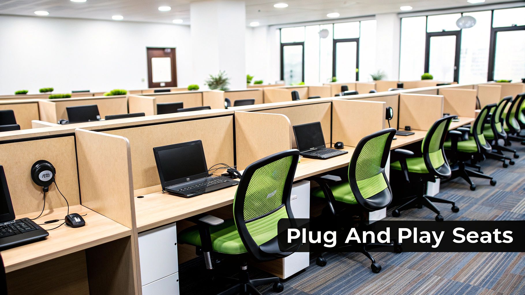 A modern open office with multiple cubicles, each featuring a laptop and green ergonomic chair.