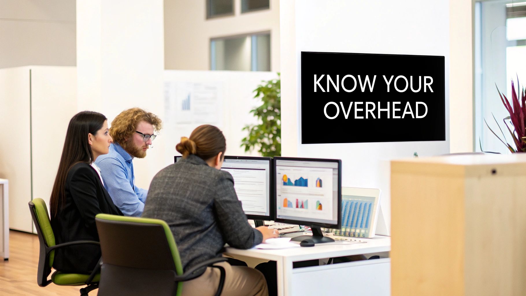 Three business professionals working together in an office, with a 'KNOW YOUR OVERHEAD' sign on the wall.