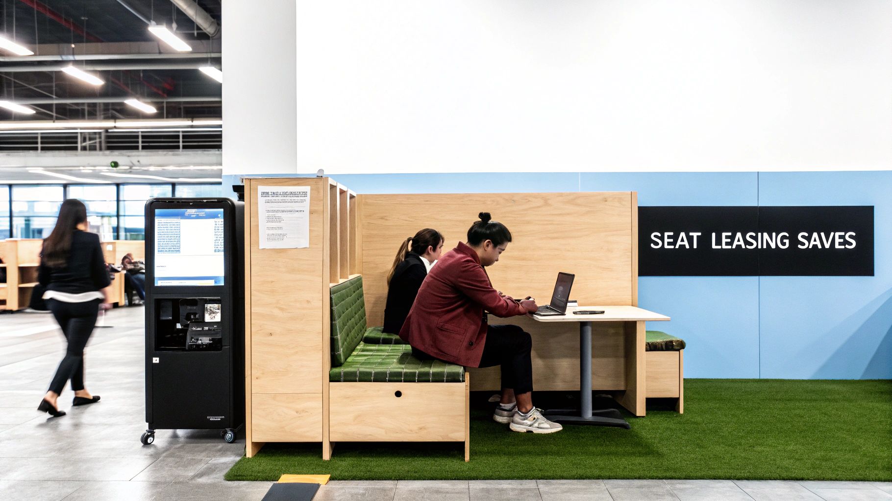 People working in a modern office space with flexible booths, a digital kiosk, and artificial turf.