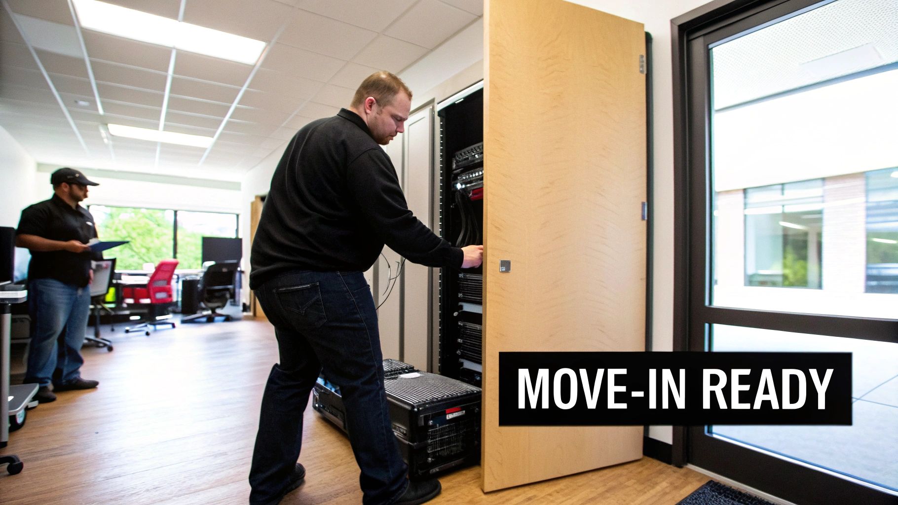 Two professionals preparing a server rack in a modern, move-in ready shared office environment.