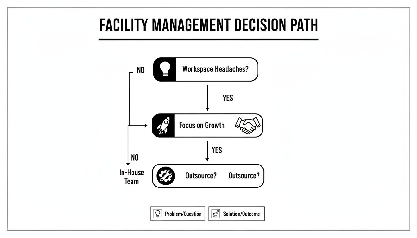 Flowchart for facility management decisions, guiding from workspace headaches to outsourcing or in-house solutions.