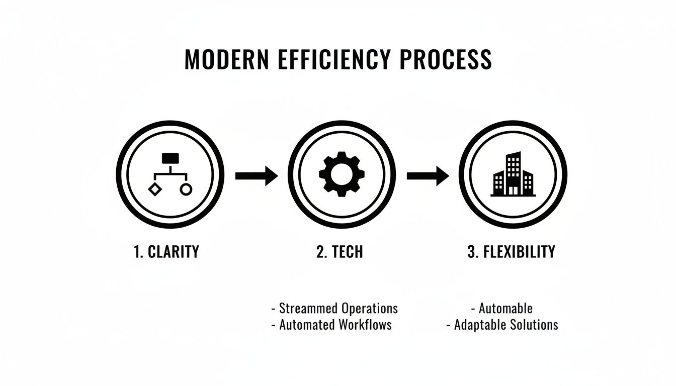 Diagram illustrating a modern efficiency process with steps for clarity, technology, and flexibility.