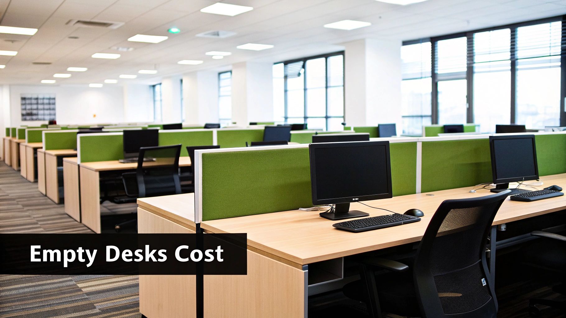 Rows of empty desks with computers and green partitions in a modern, spacious office environment.