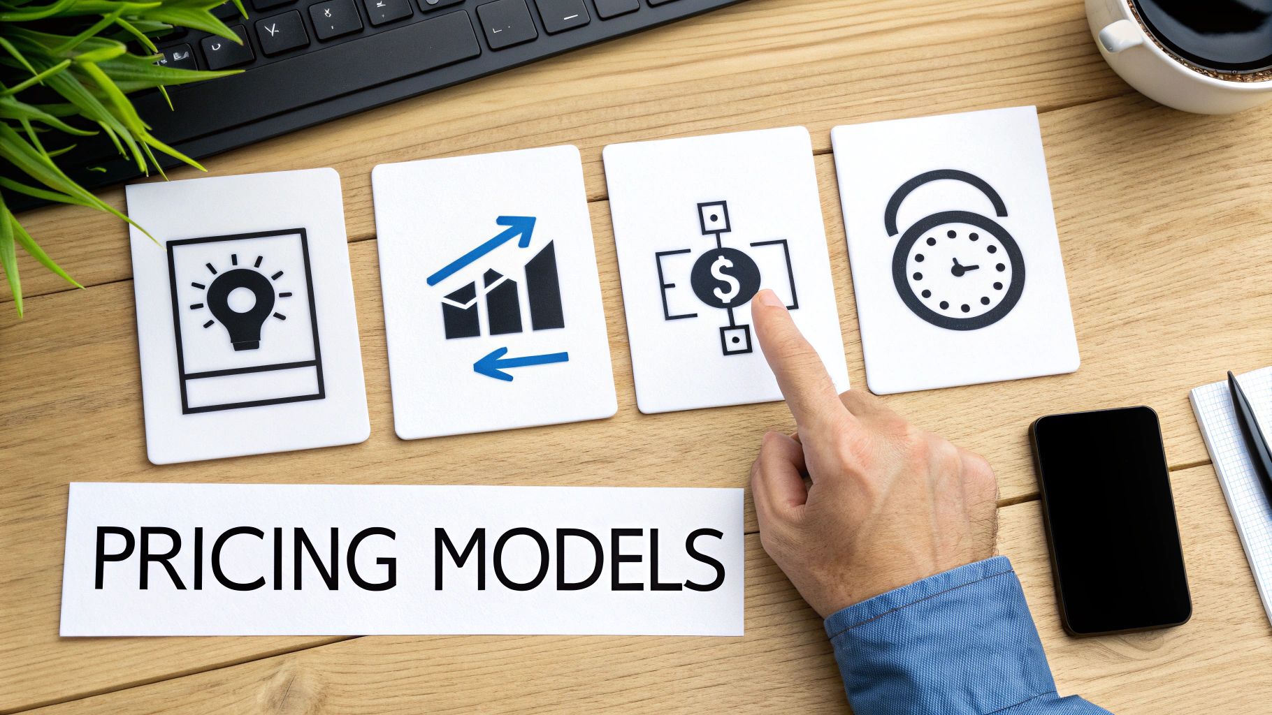 Hand pointing to 'Pricing Models' text on a desk with cards representing pricing strategies.