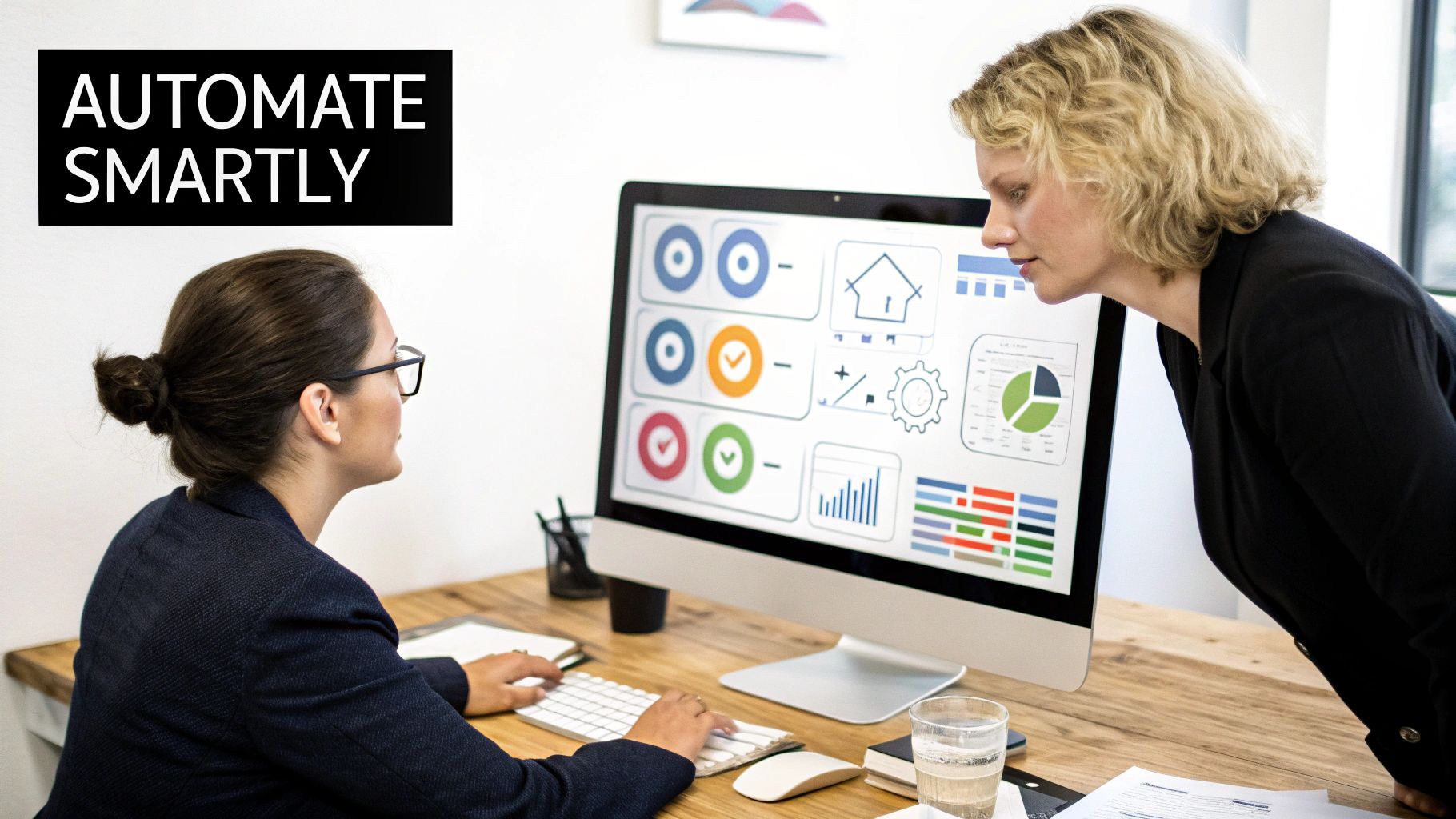 Two professional women collaborate at a desk, reviewing data visualizations on a computer screen in an office.