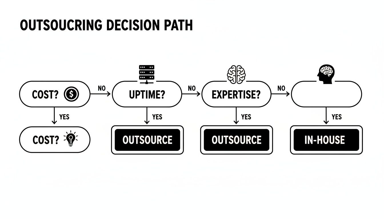 A flowchart titled 'Outsourcing Decision Path' guiding decisions based on cost, uptime, and expertise, leading to outsourcing or in-house solutions.
