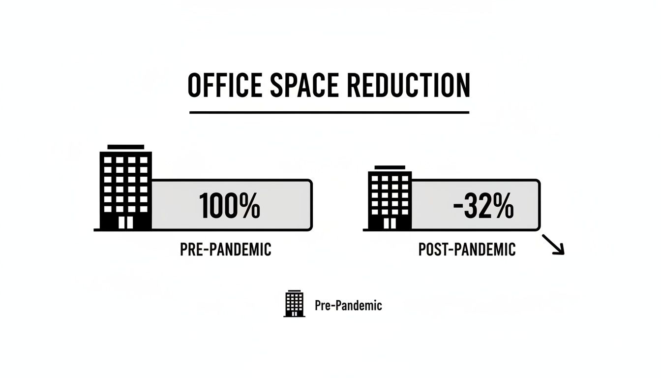 An infographic showing a 32% reduction in office space post-pandemic compared to pre-pandemic.
