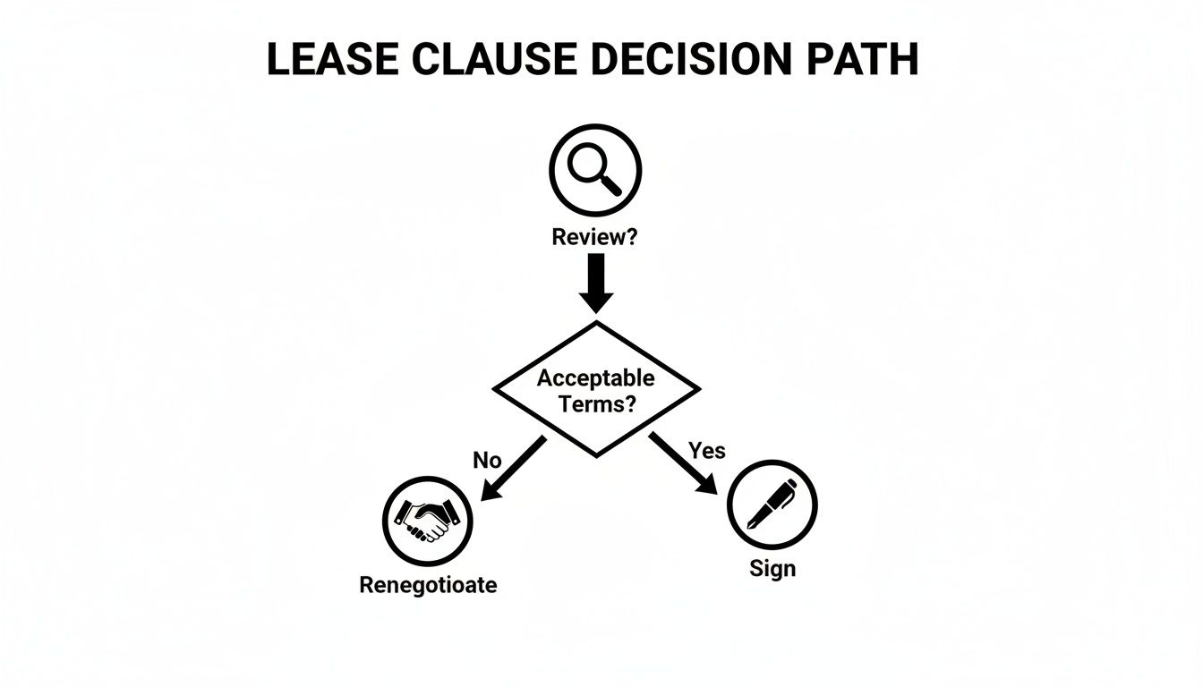 A flowchart showing the lease clause decision path: review, acceptable terms, renegotiate, or sign.