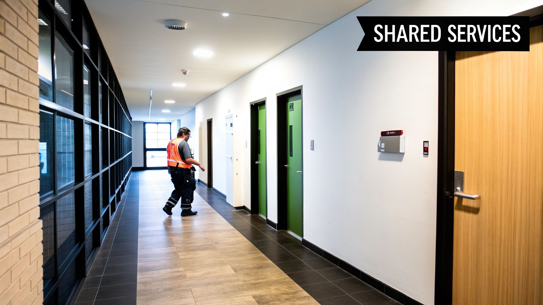 A worker in an orange safety vest walks down a modern office hallway for Shared Services.