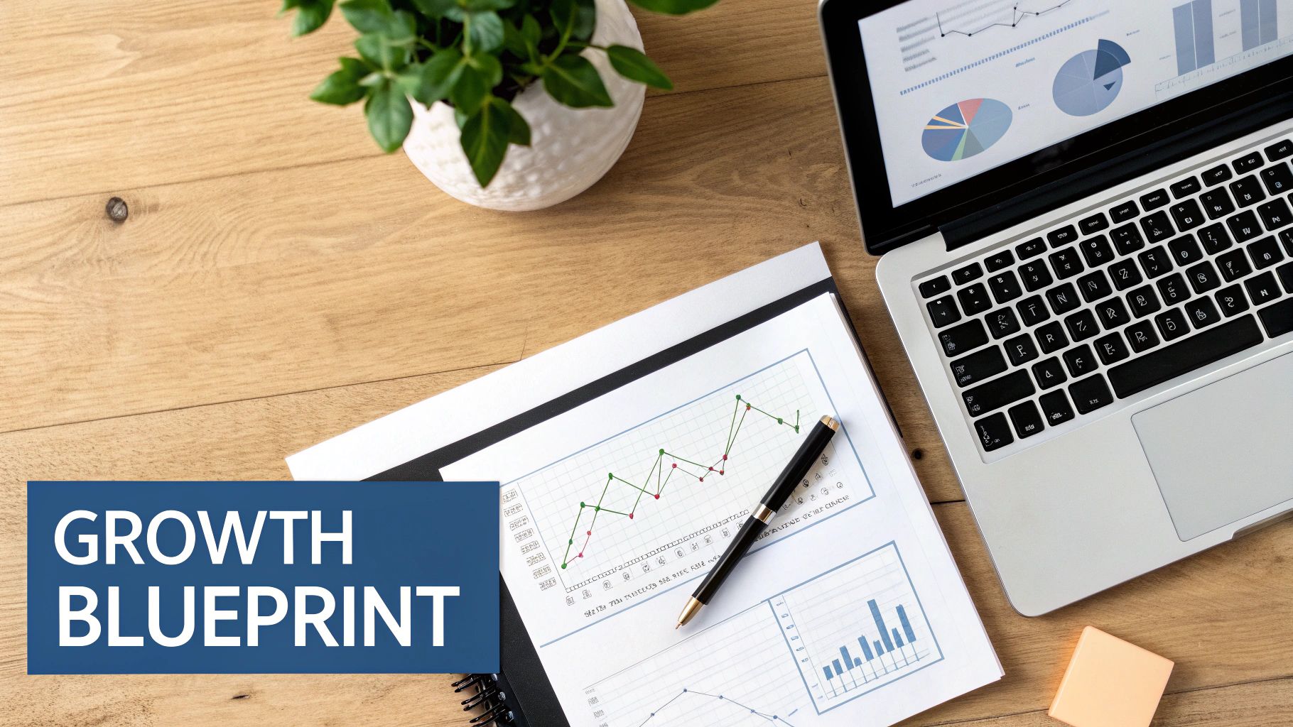 Overhead view of a desk with a laptop displaying charts, a document with graphs, and a pen.