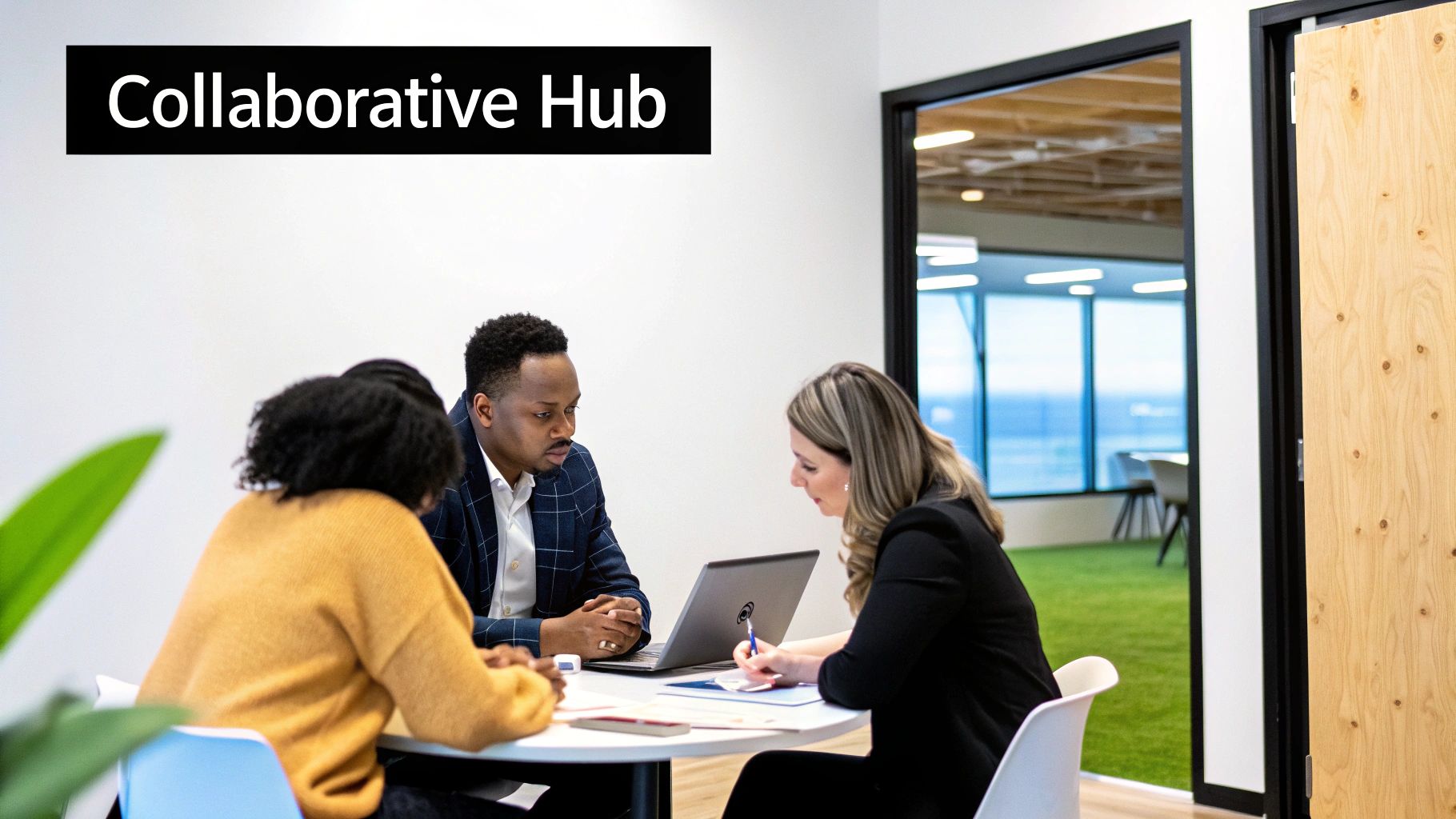 Four professionals collaborate around a table in a modern, brightly lit office space, focused on work.