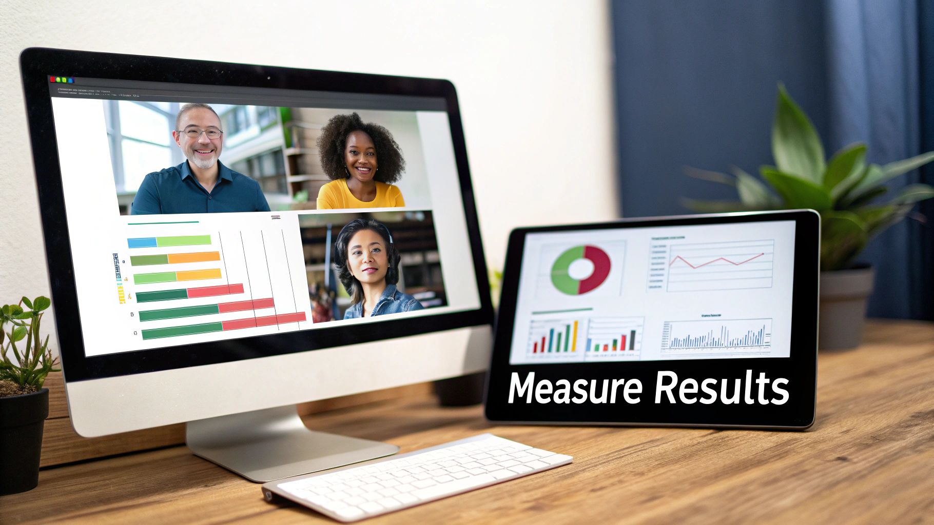 A monitor displays a video conference and bar charts, alongside a tablet showing data graphs and 'Measure Results'.