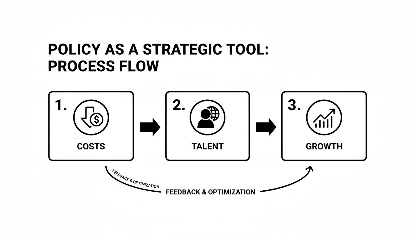 A policy process flow diagram showing costs, talent, and growth with a feedback loop.