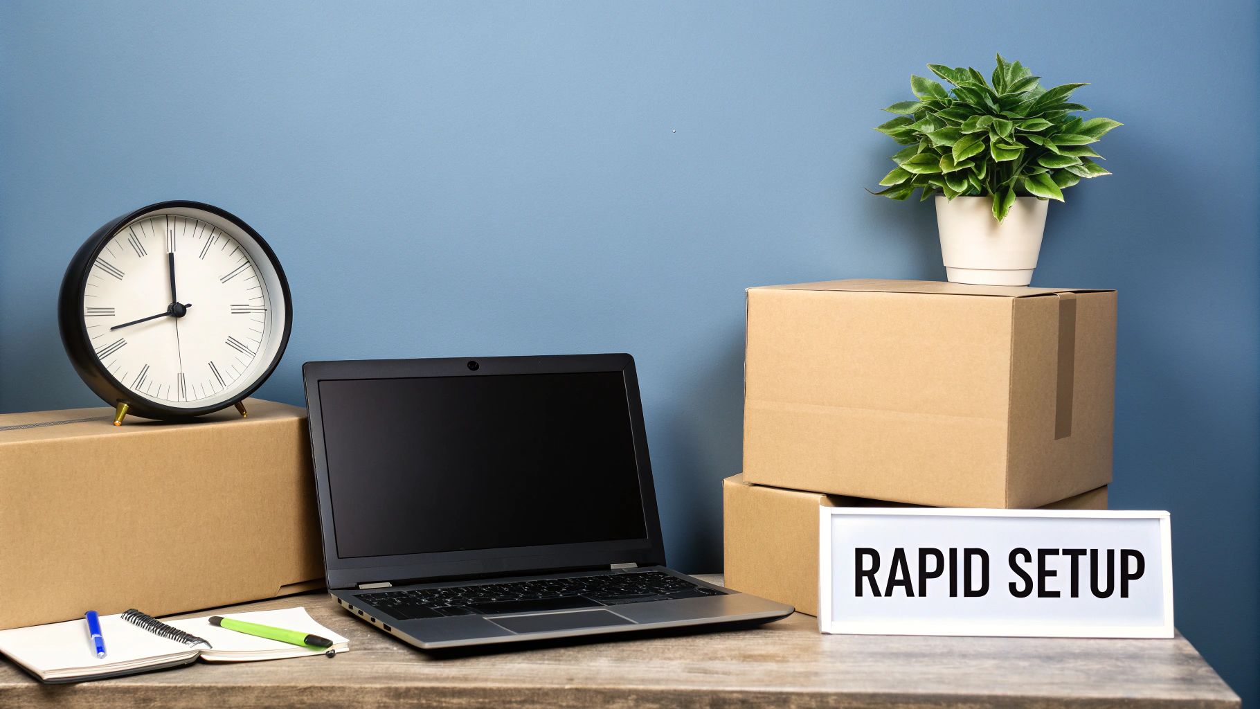 A desk with a laptop, clock, cardboard boxes, a potted plant, and a 'RAPID SETUP' sign.