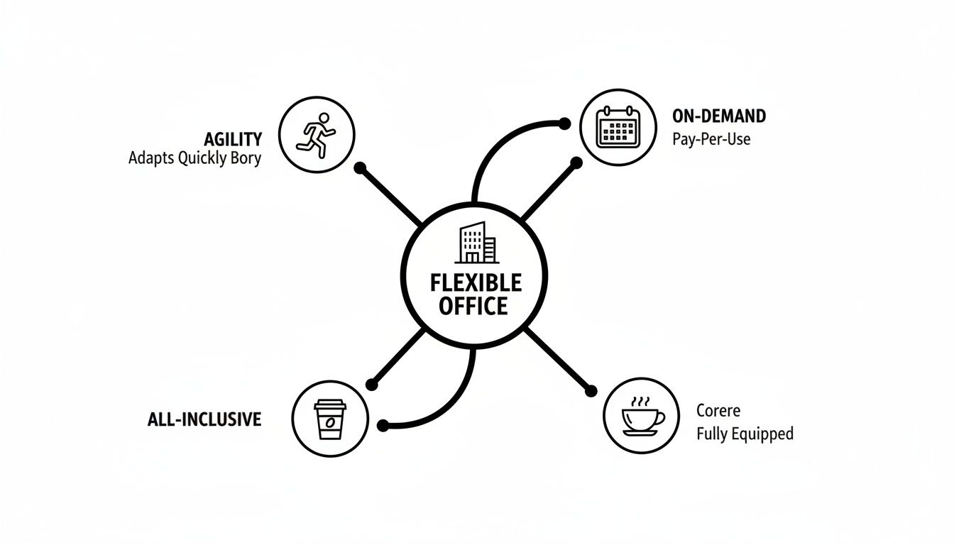 A diagram illustrating the concept of a flexible office, highlighting agility, on-demand, all-inclusive, and fully equipped features.