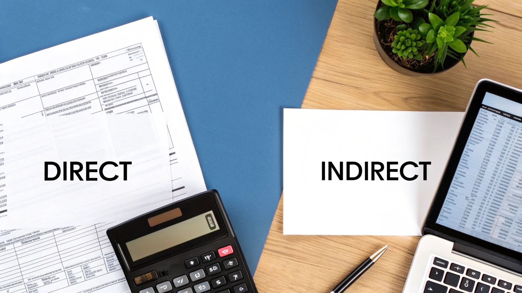 A split desk setup differentiating direct and indirect costs with documents, calculator, laptop, and plant.