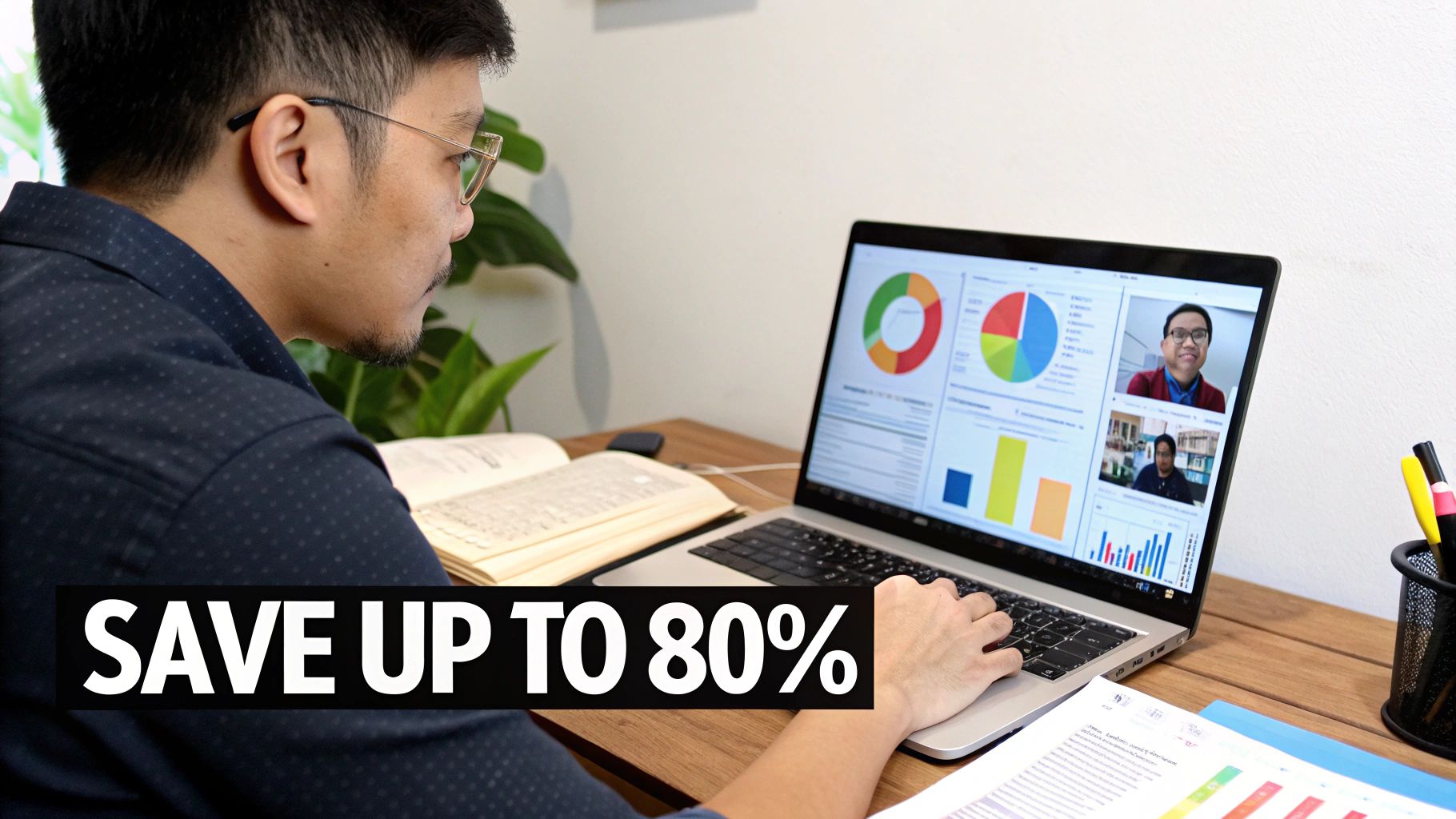 A man works on a laptop showing data charts and a video call, alongside an open book on a desk.