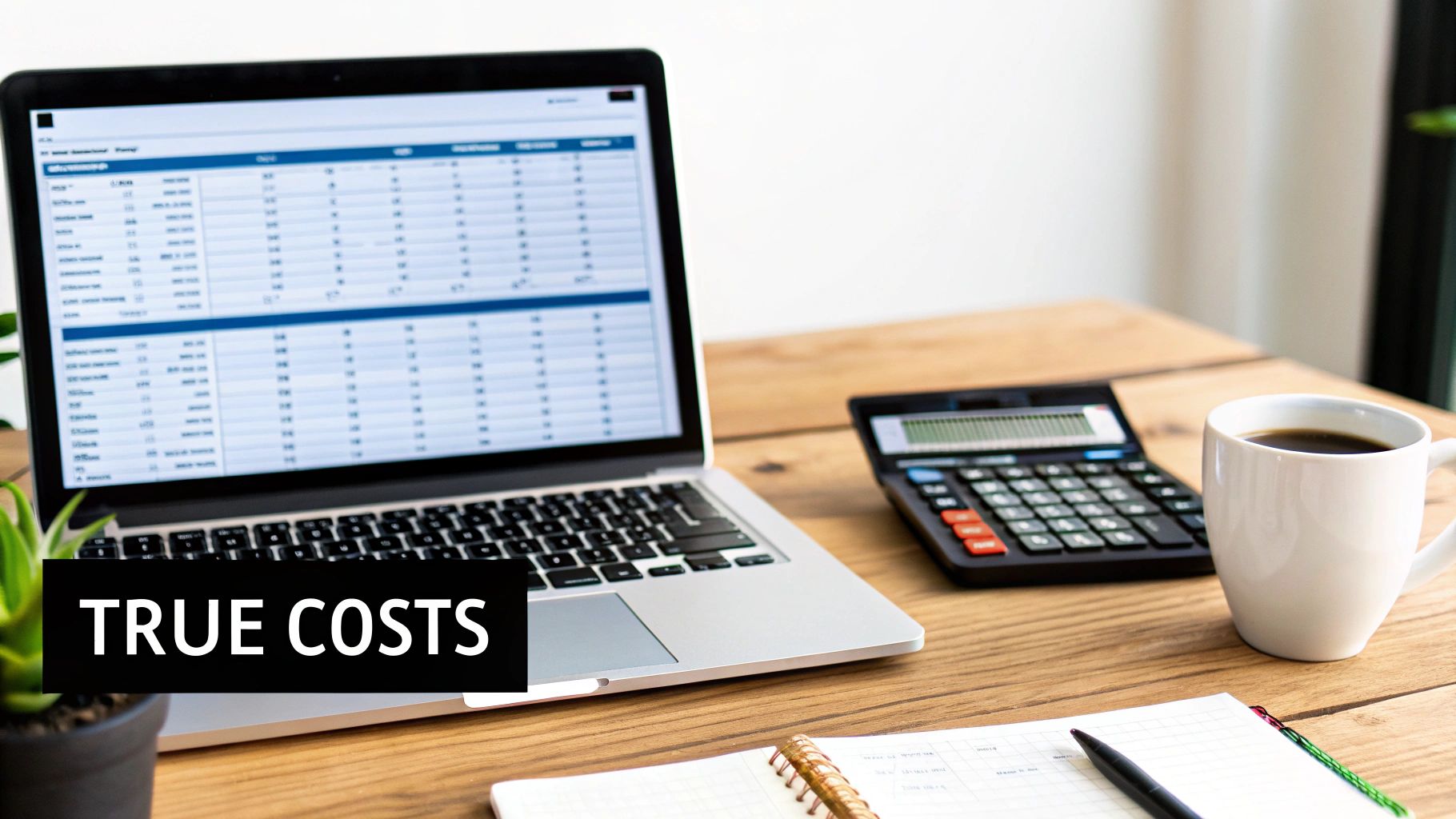 A workspace with a laptop displaying a spreadsheet, calculator, coffee, and a notebook on a wooden desk.