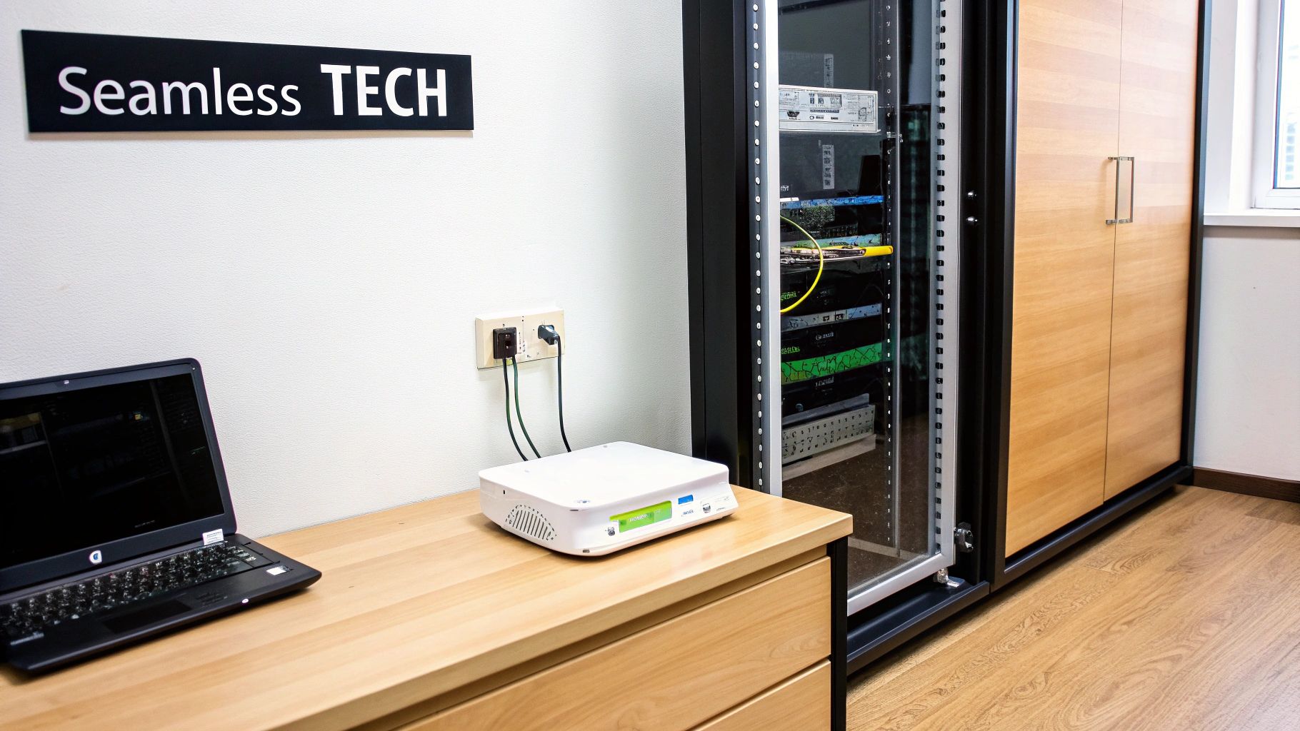 An office setting with a laptop, a white tech device, a server rack, and a 'Seamless TECH' sign on the wall.