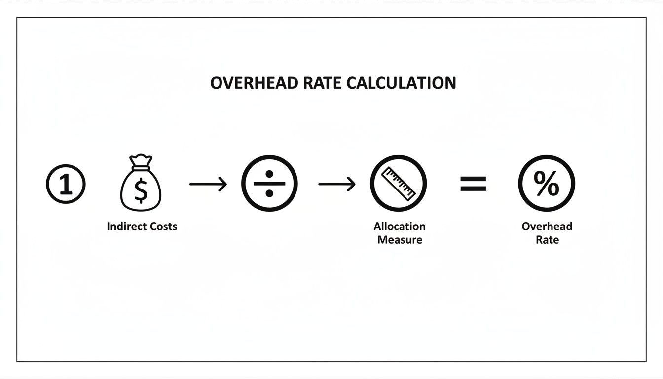 A diagram illustrating the overhead rate calculation: indirect costs divided by an allocation measure equals the overhead rate.