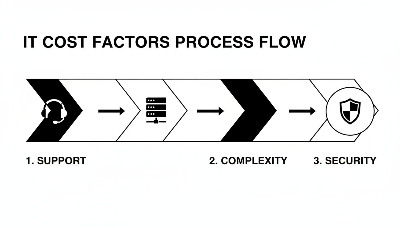 A process flow diagram illustrates IT cost factors: support, infrastructure complexity, and security considerations.
